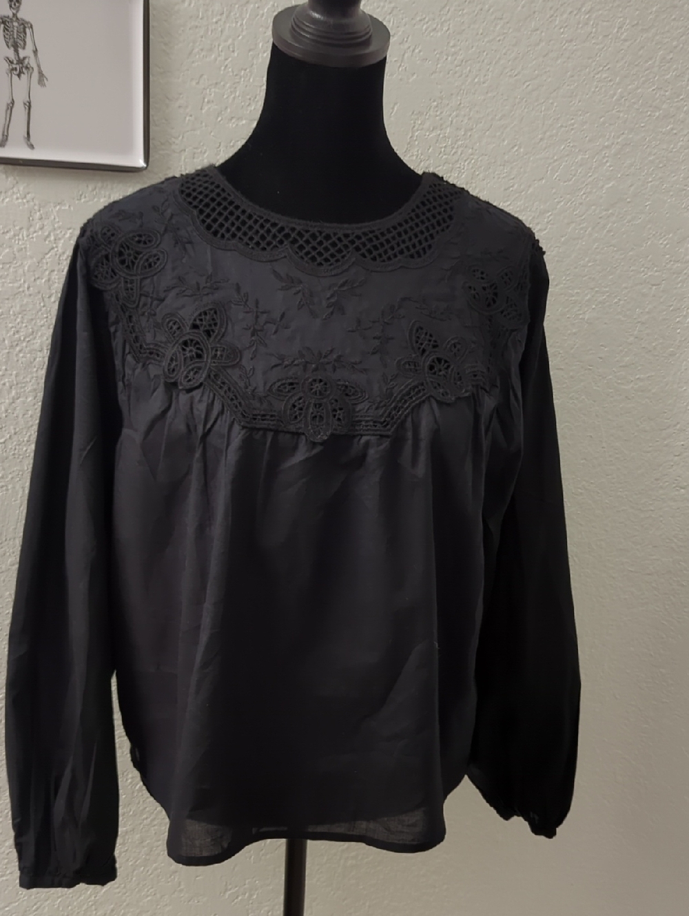 MNG Black Embroidered Yoke Long-Sleeve Blouse